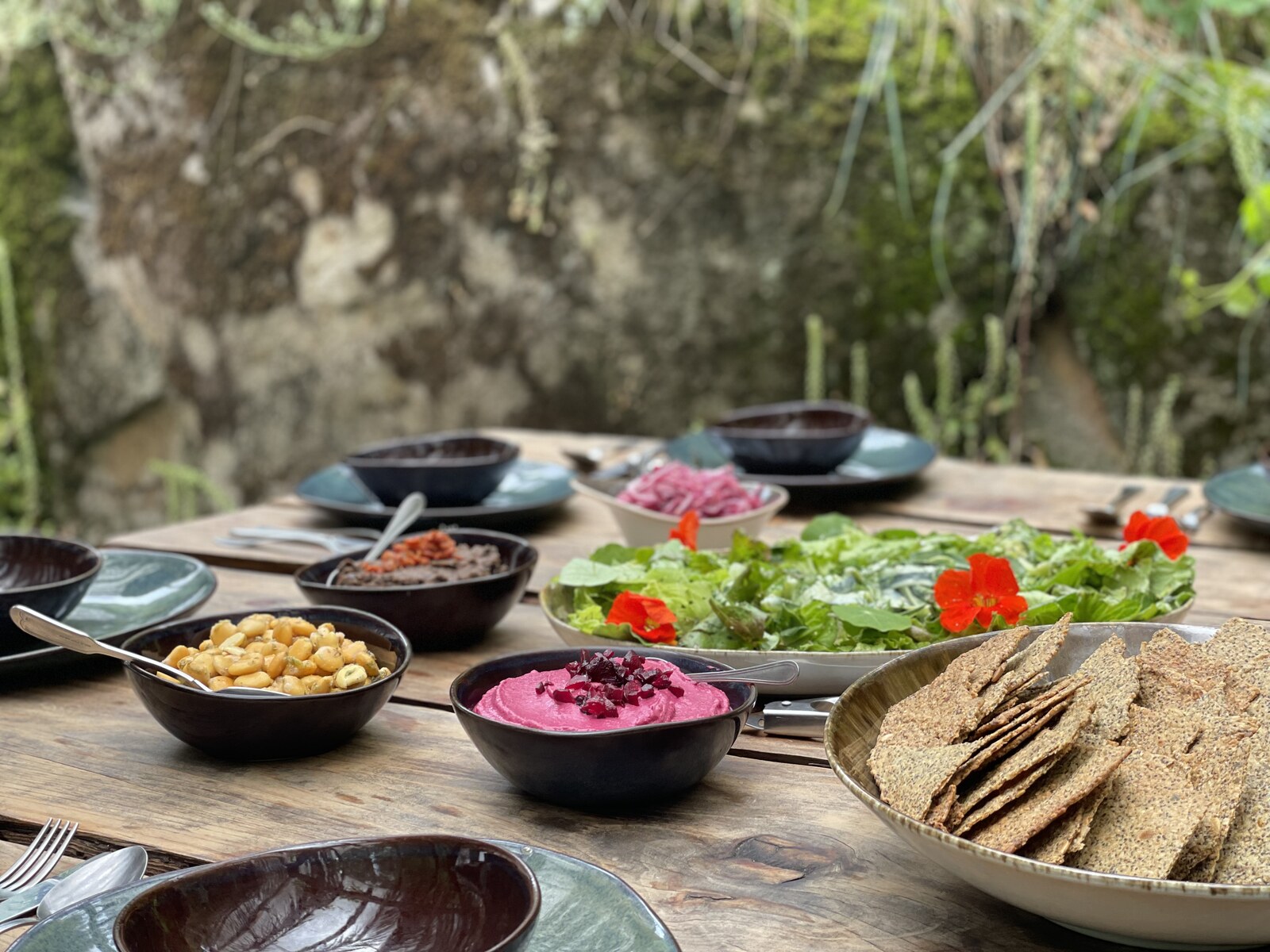 Outdoor retreat table with salad, crackers, dips, and shared plant-based dishes by Skarabo Life